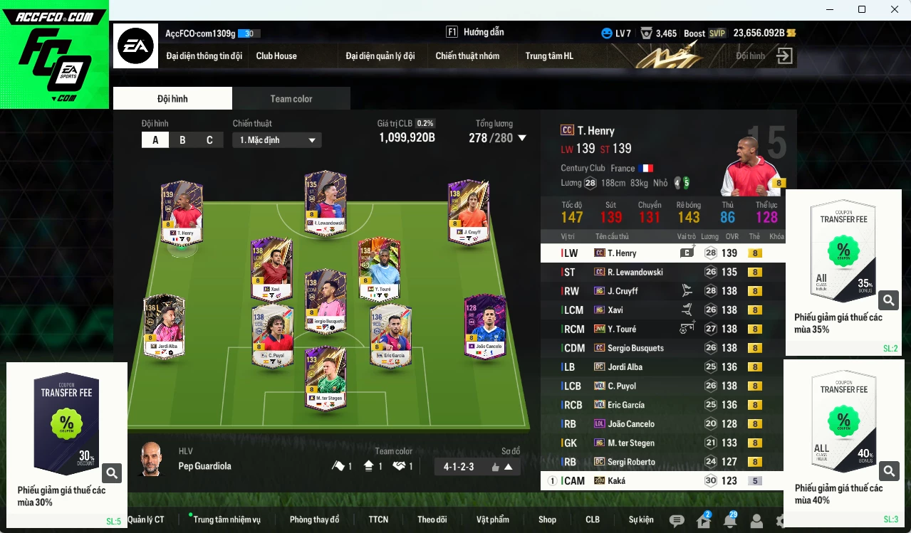 [ACC Rẻ🔥] Barcelona 1.099.920b dư 23.600b có Henry CC, Puyol MDL, Touré JNM, Eric García MDL, Cruyff HG, Xavi HG, Alba DC, Busquets CC, Lewandowski CC, Kaká 25IM... Còn nhiều CP GIẢM THUẾ